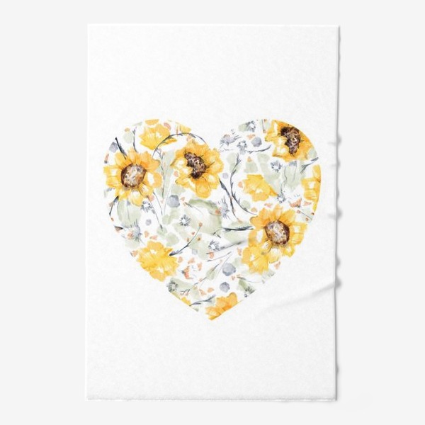 Полотенце &laquo;Акварельная нарисованная вручную яркая иллюстрация сердца с желтыми цветами подсолнечника, листьями&raquo;