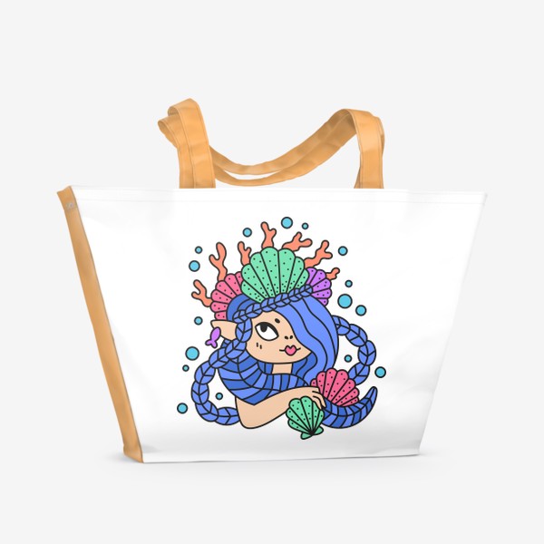 Пляжная сумка &laquo;Русалочка с синими волосами и ракушками&raquo;