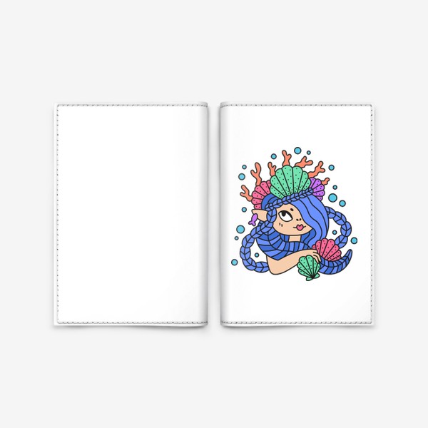 Обложка для паспорта «Русалочка с синими волосами и ракушками»