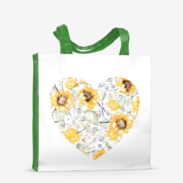 Сумка-шоппер «Акварельная нарисованная вручную яркая иллюстрация сердца с желтыми цветами подсолнечника, листьями»