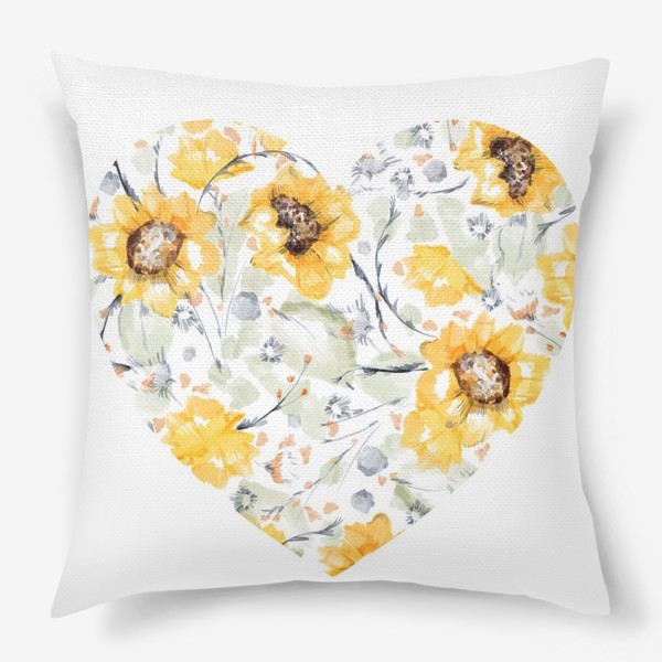 Подушка «Акварельная нарисованная вручную яркая иллюстрация сердца с желтыми цветами подсолнечника, листьями»