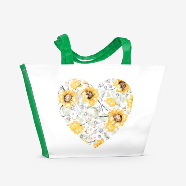 Пляжная сумка «Акварельная нарисованная вручную яркая иллюстрация сердца с желтыми цветами подсолнечника, листьями»