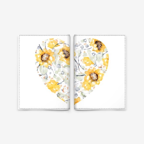 Обложка для паспорта «Акварельная нарисованная вручную яркая иллюстрация сердца с желтыми цветами подсолнечника, листьями»