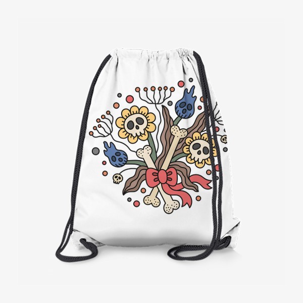 Рюкзак «Цветы на Хэллоуин. Осенний букет с бантом. Ромашки с черепками и тюльпаны»