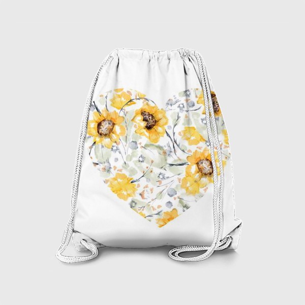 Рюкзак «Акварельная нарисованная вручную яркая иллюстрация сердца с желтыми цветами подсолнечника, листьями»