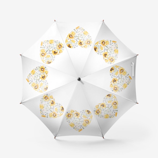 Зонт «Акварельная нарисованная вручную яркая иллюстрация сердца с желтыми цветами подсолнечника, листьями»