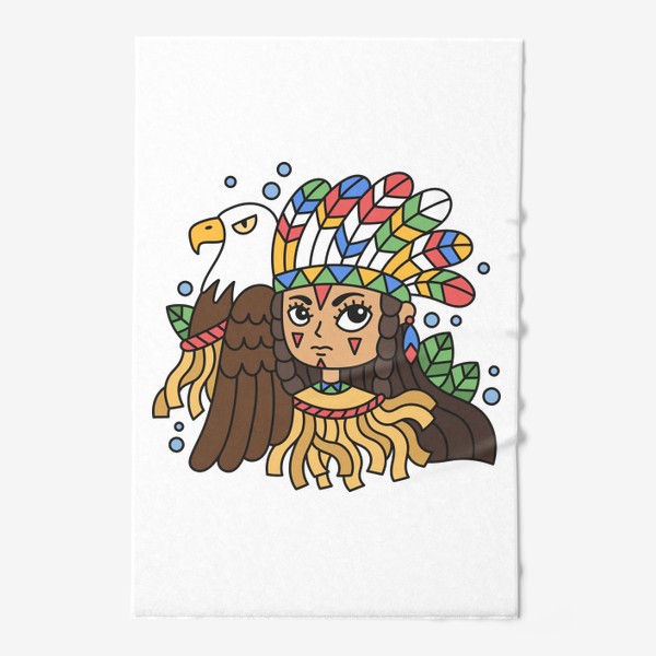 Полотенце «Девочка индеец с головным убором из перьев и ручным орлом»