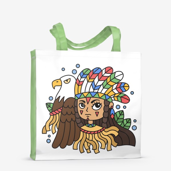 Сумка-шоппер «Девочка индеец с головным убором из перьев и ручным орлом»