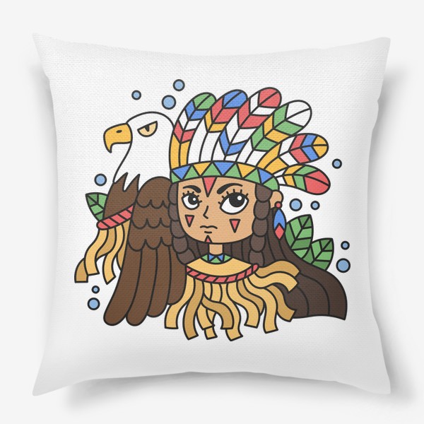 Подушка «Девочка индеец с головным убором из перьев и ручным орлом»