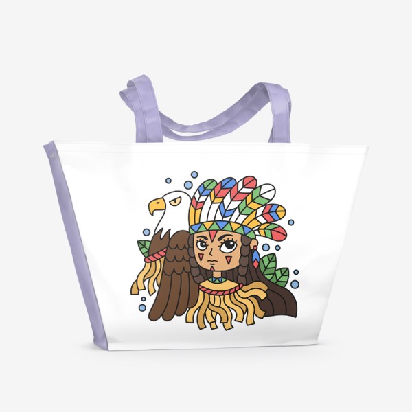 Пляжная сумка «Девочка индеец с головным убором из перьев и ручным орлом»