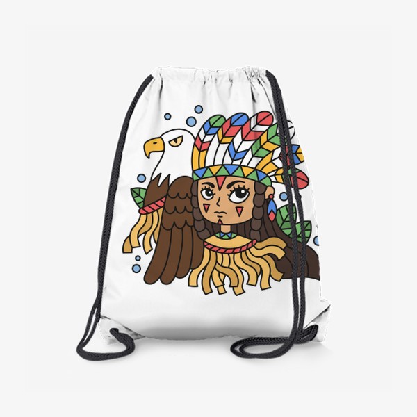 Рюкзак «Девочка индеец с головным убором из перьев и ручным орлом»