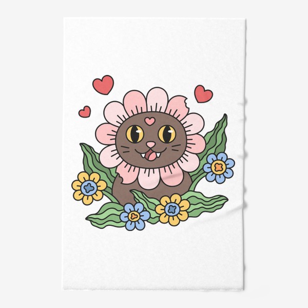 Полотенце «Счастливый котик ромашка. Влюбленный радостный кот с цветами»