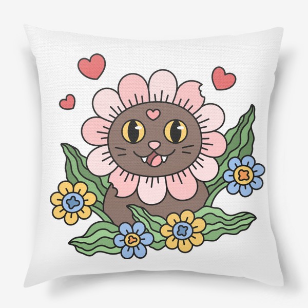 Подушка «Счастливый котик ромашка. Влюбленный радостный кот с цветами»