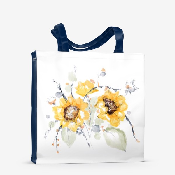 Сумка-шоппер «Акварельная нарисованная вручную яркая иллюстрация букета с желтыми цветами подсолнечника, листьями»