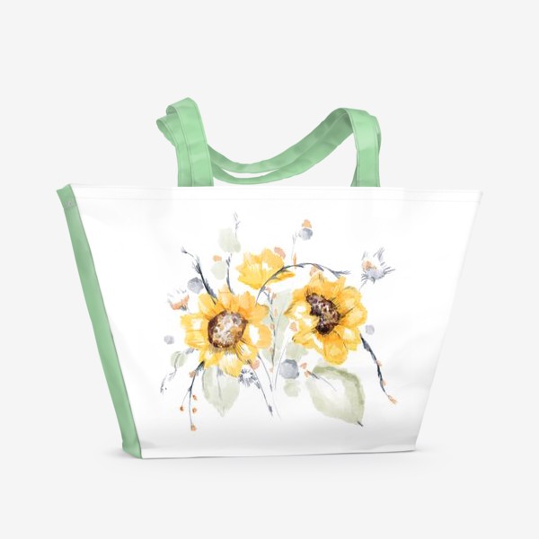 Пляжная сумка &laquo;Акварельная нарисованная вручную яркая иллюстрация букета с желтыми цветами подсолнечника, листьями&raquo;