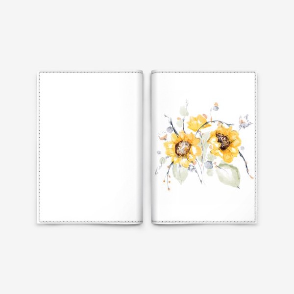 Обложка для паспорта &laquo;Акварельная нарисованная вручную яркая иллюстрация букета с желтыми цветами подсолнечника, листьями&raquo;