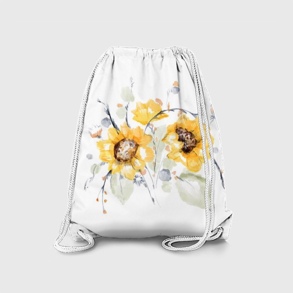 Рюкзак «Акварельная нарисованная вручную яркая иллюстрация букета с желтыми цветами подсолнечника, листьями»