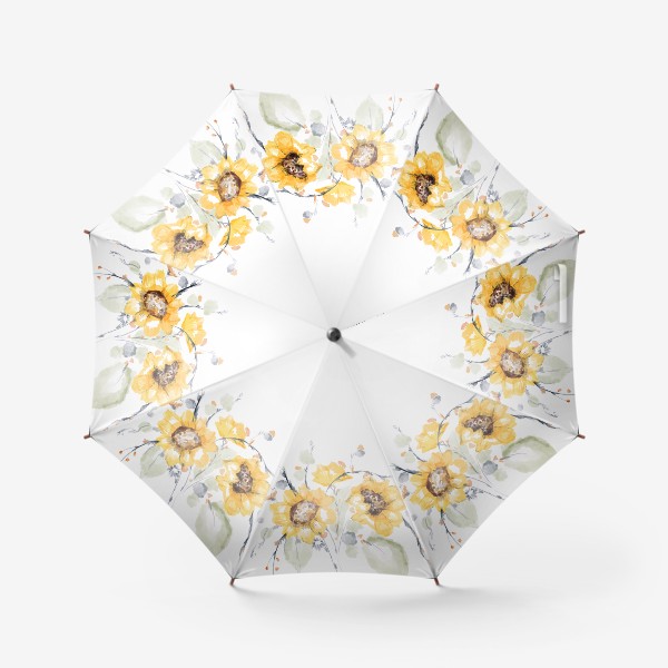 Зонт &laquo;Акварельная нарисованная вручную яркая иллюстрация букета с желтыми цветами подсолнечника, листьями&raquo;