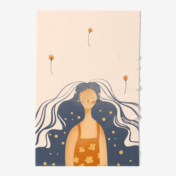 Полотенце «Акварельная нарисованная вручную яркая иллюстрация с девушкой с длинными волосами, с платьем в цветочек. 8 марта»
