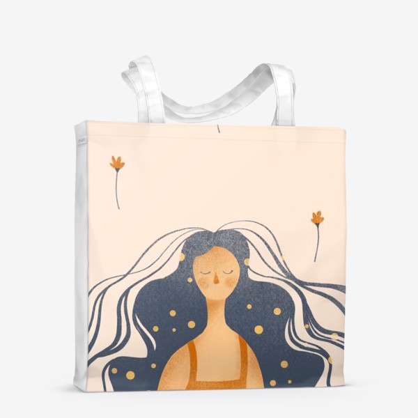Сумка-шоппер «Акварельная нарисованная вручную яркая иллюстрация с девушкой с длинными волосами, с платьем в цветочек. 8 марта»