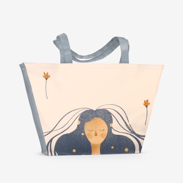 Пляжная сумка «Акварельная нарисованная вручную яркая иллюстрация с девушкой с длинными волосами, с платьем в цветочек. 8 марта»