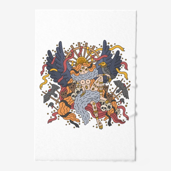 Полотенце &laquo;Кошка шаманка. Девушка кошечка с крыльями, птицами и черепами&raquo;