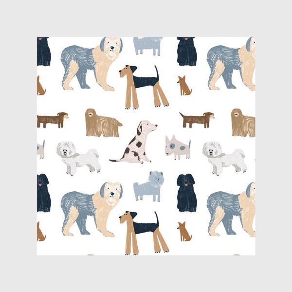 Шторы &laquo;Нарисованный вручную бесшовный фон со стильными собаками разных пород и размеров. Домашние животные, питомцы&raquo;