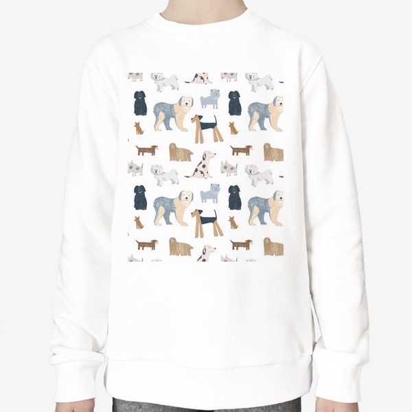 Свитшот «Нарисованный вручную бесшовный фон со стильными собаками разных пород и размеров. Домашние животные, питомцы»