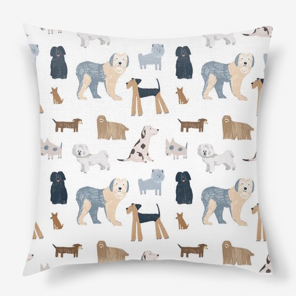 Подушка &laquo;Нарисованный вручную бесшовный фон со стильными собаками разных пород и размеров. Домашние животные, питомцы&raquo;