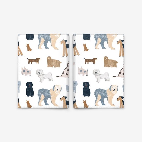 Обложка для паспорта «Нарисованный вручную бесшовный фон со стильными собаками разных пород и размеров. Домашние животные, питомцы»