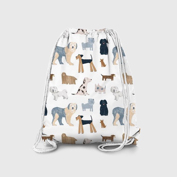 Рюкзак «Нарисованный вручную бесшовный фон со стильными собаками разных пород и размеров. Домашние животные, питомцы»