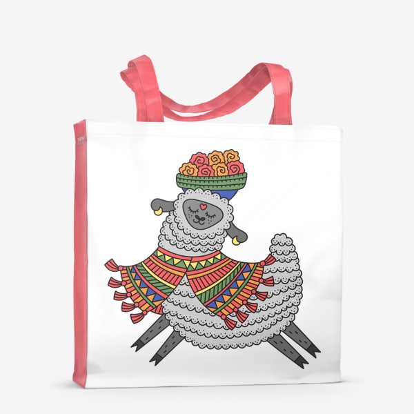 Сумка-шоппер &laquo;Веселая лама в разноцветном пончо с корзиной цветов на голове&raquo;