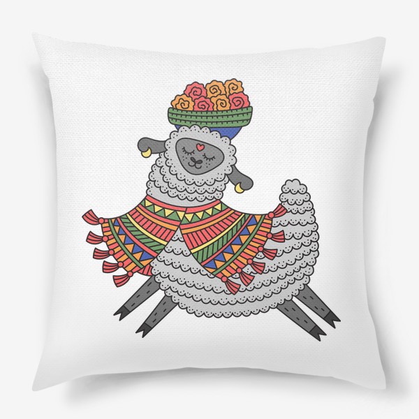 Подушка &laquo;Веселая лама в разноцветном пончо с корзиной цветов на голове&raquo;