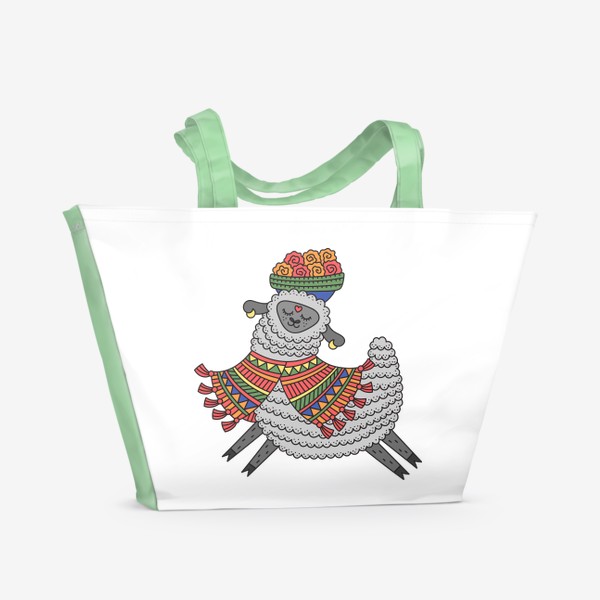 Пляжная сумка &laquo;Веселая лама в разноцветном пончо с корзиной цветов на голове&raquo;