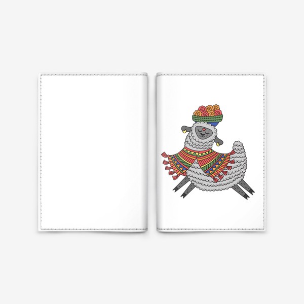 Обложка для паспорта «Веселая лама в разноцветном пончо с корзиной цветов на голове»
