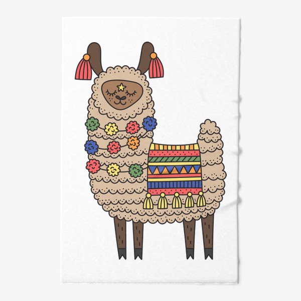 Полотенце «Милая лама с разноцветным пледом, бусами из помпонов, на ушах сережки»