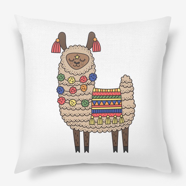 Подушка «Милая лама с разноцветным пледом, бусами из помпонов, на ушах сережки»