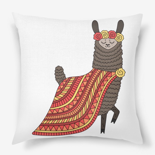 Подушка «Элегантная коричневая лама с узорчатой накидкой и венком из цветов на голове»