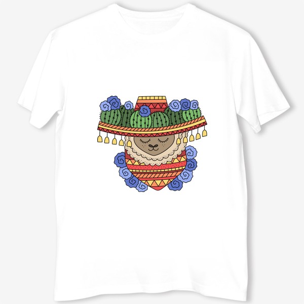 Футболка «Лама в сомбреро с кактусами, узорчатом платком на шее, украшена цветами»