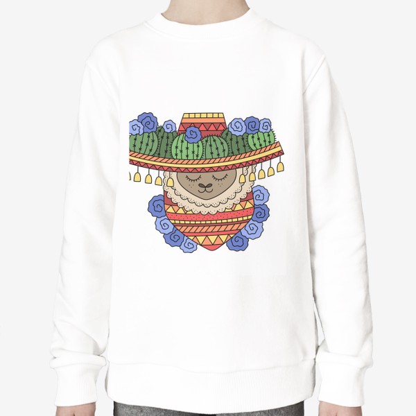 Свитшот «Лама в сомбреро с кактусами, узорчатом платком на шее, украшена цветами»