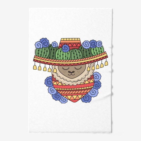 Полотенце «Лама в сомбреро с кактусами, узорчатом платком на шее, украшена цветами»