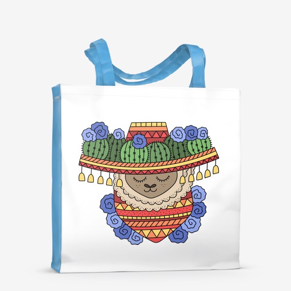 Сумка-шоппер «Лама в сомбреро с кактусами, узорчатом платком на шее, украшена цветами»