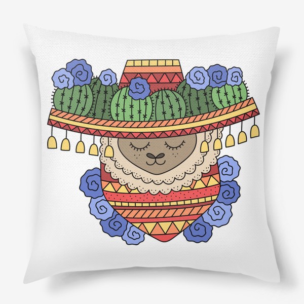 Подушка «Лама в сомбреро с кактусами, узорчатом платком на шее, украшена цветами»