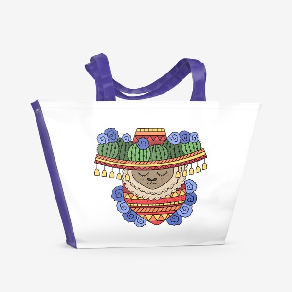 Пляжная сумка &laquo;Лама в сомбреро с кактусами, узорчатом платком на шее, украшена цветами&raquo;