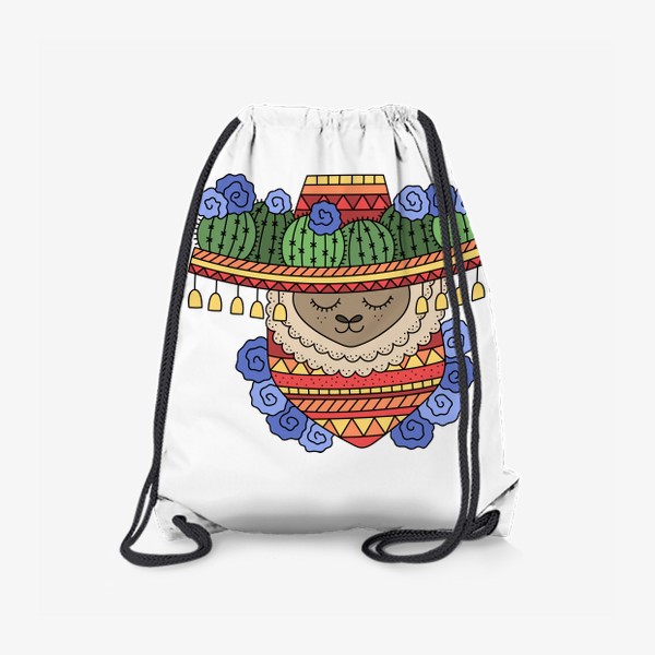 Рюкзак «Лама в сомбреро с кактусами, узорчатом платком на шее, украшена цветами»