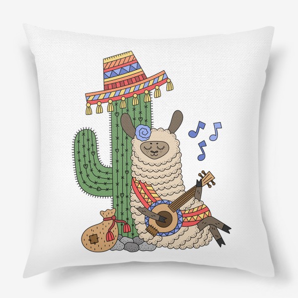 Подушка «Лама путешественник отдыхает под кактусом в собреро и играет музыку»