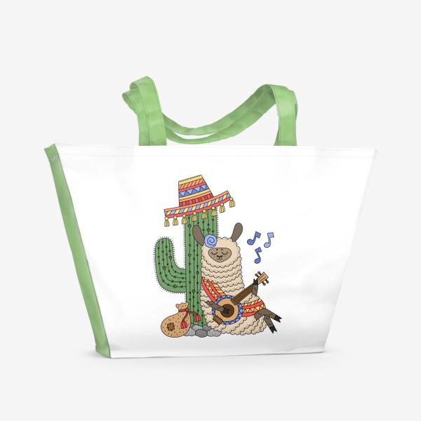Пляжная сумка «Лама путешественник отдыхает под кактусом в собреро и играет музыку»