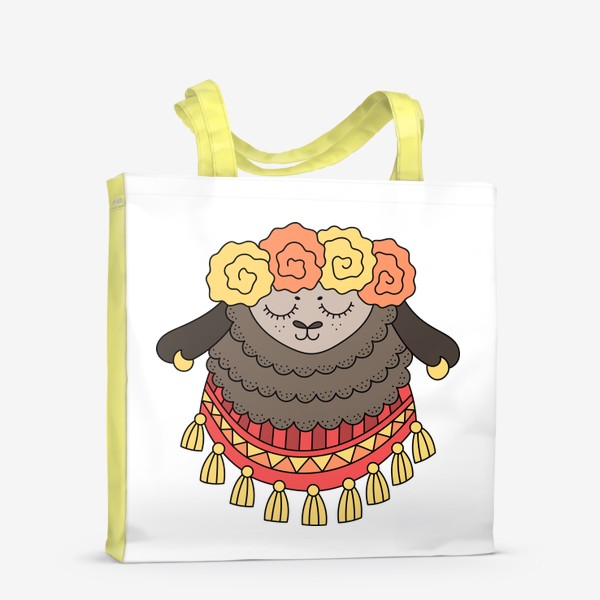 Сумка-шоппер «Лама с цветочным венком на голове и узорчатым платком с кисточками на шее»