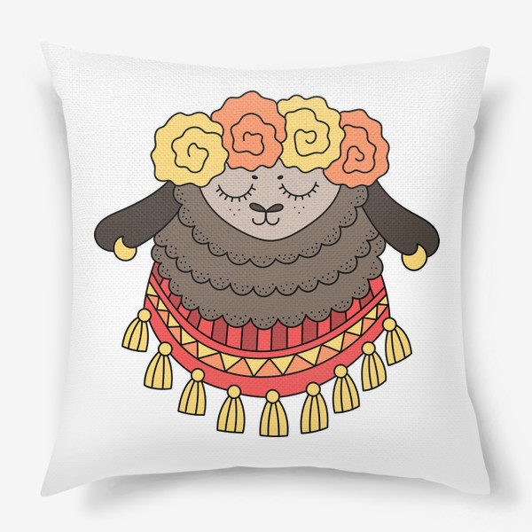 Подушка «Лама с цветочным венком на голове и узорчатым платком с кисточками на шее»