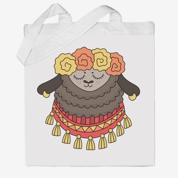 Сумка хб &laquo;Лама с цветочным венком на голове и узорчатым платком с кисточками на шее&raquo;